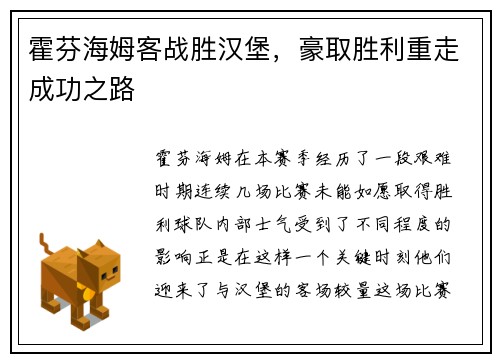霍芬海姆客战胜汉堡，豪取胜利重走成功之路