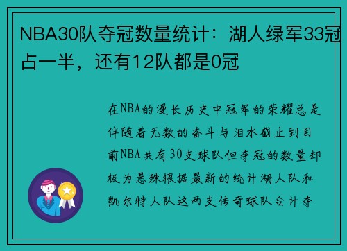 NBA30队夺冠数量统计：湖人绿军33冠占一半，还有12队都是0冠