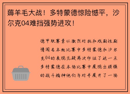 薅羊毛大战！多特蒙德惊险憾平，沙尔克04难挡强势进攻！