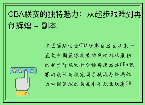 CBA联赛的独特魅力：从起步艰难到再创辉煌 - 副本