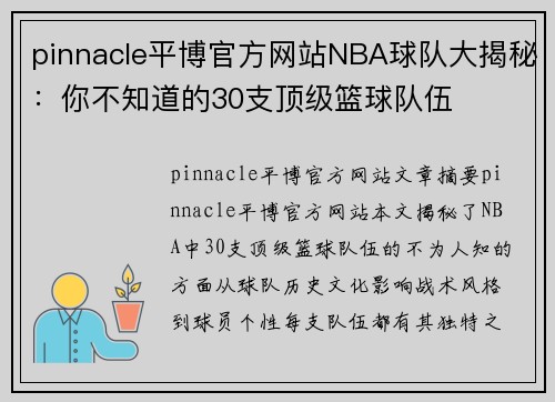 pinnacle平博官方网站NBA球队大揭秘：你不知道的30支顶级篮球队伍