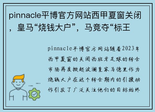 pinnacle平博官方网站西甲夏窗关闭，皇马“烧钱大户”，马竞夺“标王” - 副本