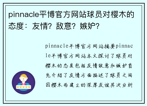 pinnacle平博官方网站球员对樱木的态度：友情？敌意？嫉妒？