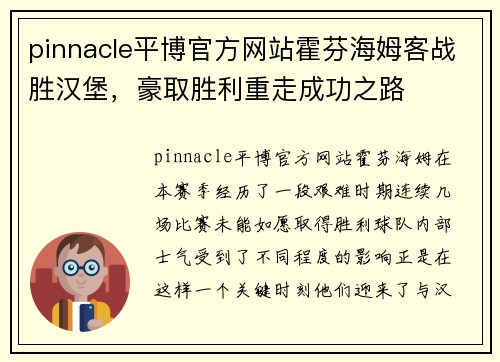 pinnacle平博官方网站霍芬海姆客战胜汉堡，豪取胜利重走成功之路